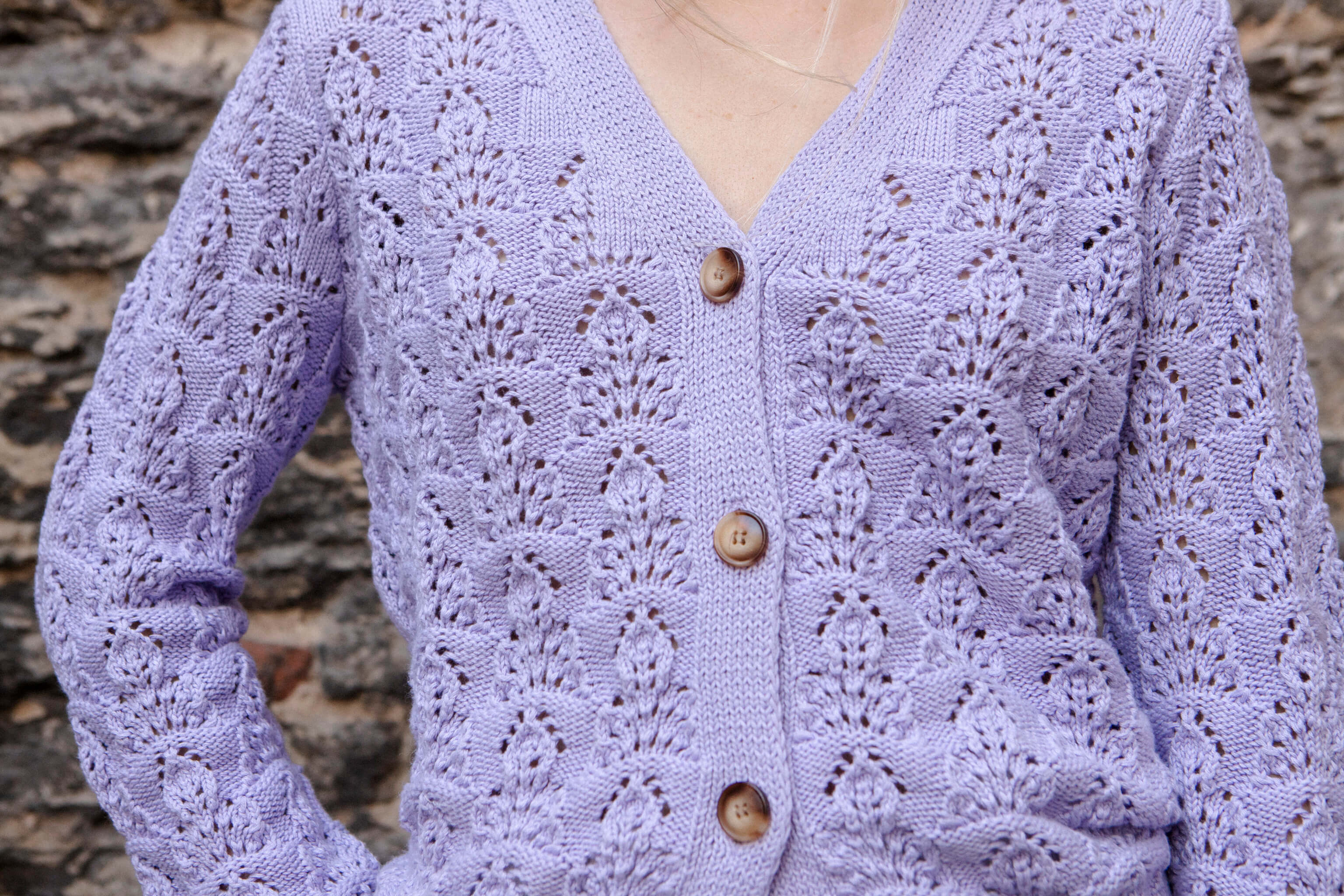 Close-up of a lavender Adele & Soleil V-neck Sérène cardigan.